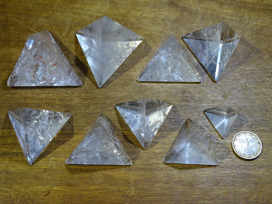 Rock crystal tetrahedron, one of the 5 Solids/Platonic Solids, size S to XL, sold individually. Piece dimensions: approximately 1.5 to 6 cm. Grade A to AAA! Perfect for studying sacred geometry and its applications! 