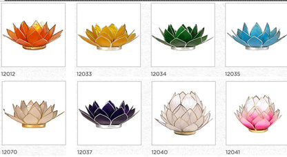 Selection of 'Lotus' candle holders made of capiz shell, 13.5 centimeters x 5.5 centimeters high. Magnificent colors, incredible effects, perfect!