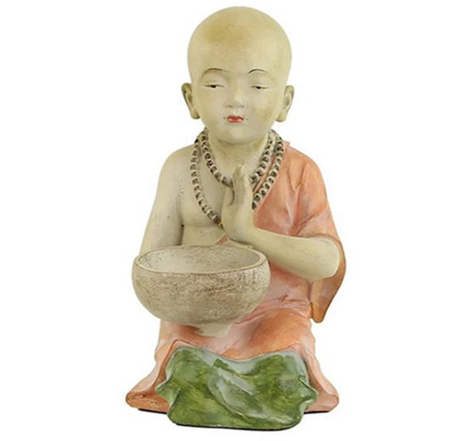 Monk/little Buddhist monk in prayer, size XL, beautiful pastel-colored plaster statuette. 34 centimeters tall - 1486 grams/ 1.486 kilograms. Very good quality, superb piece!