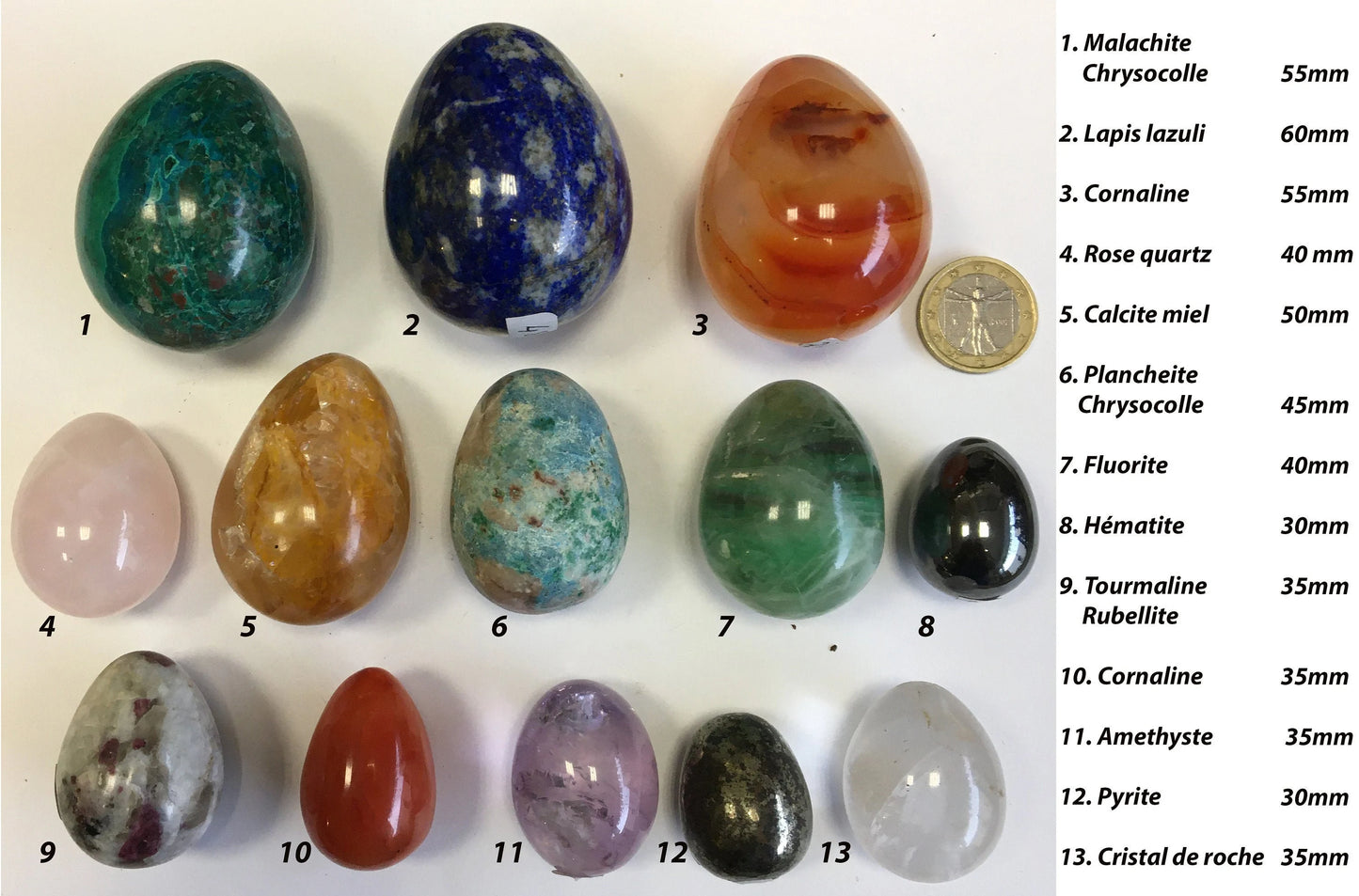 Sélection d'oeufs en pierres, de 30 à 90 grammes, 3 à 6 centimètres de diamètre. Très belle qualité, parfait pour la lithothérapie, collection, exposition... !