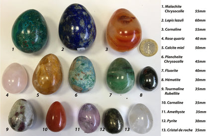 Sélection d'oeufs en pierres, de 30 à 90 grammes, 3 à 6 centimètres de diamètre. Très belle qualité, parfait pour la lithothérapie, collection, exposition... !