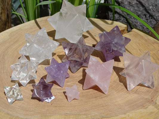 Star of Sirius (12 points) and Mercabah (8 points). Choice of amethyst, rose quartz, or rock crystal. From 15 to 85 millimeters. Sold individually or in sets, very high quality! 