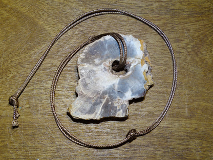 Bois fossilisé/ pétrifié, pendentif de 58x42x8 millimètres, vendu avec cordon coulissant (réglable) marron de 40 à 70 centimètres !