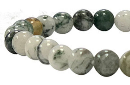 Moss Agate 'Lichen', round beads of 6 or 8 mm, sold in 40cm bead strand, or bracelet of 17 to 21cm or necklace of 45 or sautoir of 60cm. Superb beads with greenish reflections!