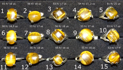 Bague en Œil de tigre, sélection de divers modèles au choix. Faites en laiton couleur Argent. Superbe pierre aux reflets irisés ! Taille repérées de 53 à 61 Fr. (voir photo)