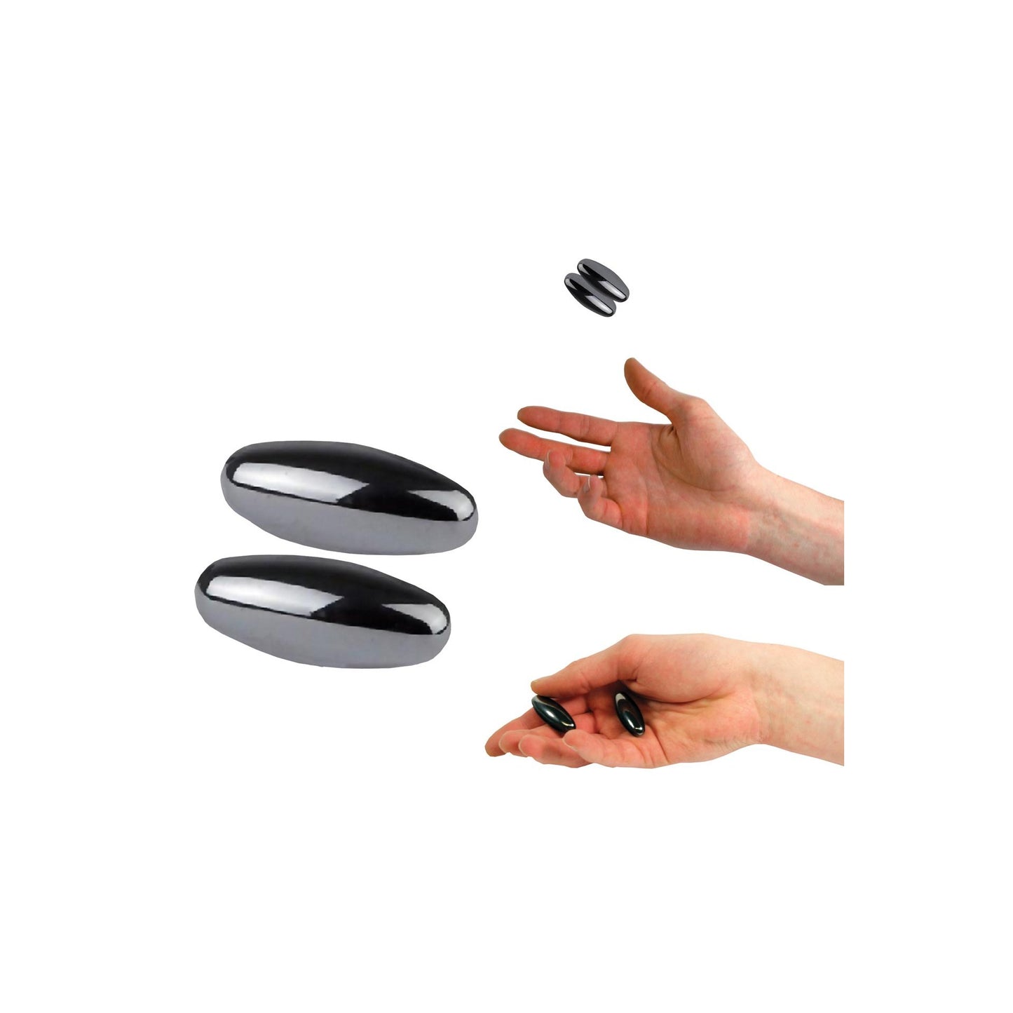 Hématite magnétique 'Power magnet', vendu par paire de 4 ou 6 centimètres, 2 finitions : naturelle ou titane ! Puissance : entre 1 200 à 1 300 gauss. Sert aussi de 'crotale' en musique, jeter en l'air, cela produit un son unique et vibrant !