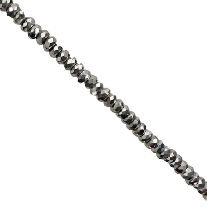 Hématite, perles 'facettées' de 2 x 1 millimètres, vendu en fil de perle, en bracelet de 17 à 21 cm, ou en collier de 42 cm. 3 finitions au choix pour le système de fermeture (Argent, plaqué or, argenté) !
