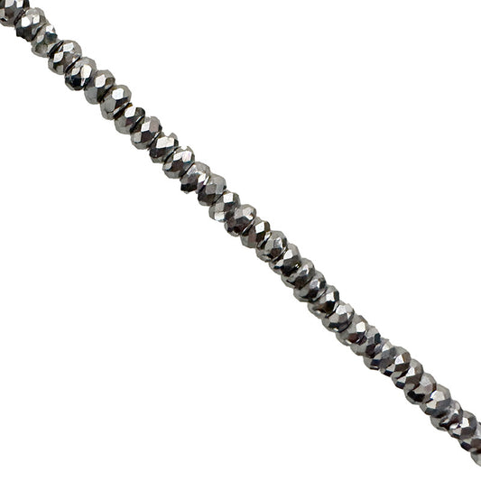 Hématite, perles 'facettées' de 2 x 1 millimètres, vendu en fil de perle, en bracelet de 17 à 21 cm, ou en collier de 42 cm. 3 finitions au choix pour le système de fermeture (Argent, plaqué or, argenté) !