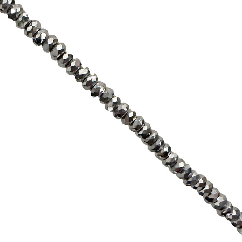 Hématite, perles 'facettées' de 2 x 1 millimètres, vendu en fil de perle, en bracelet de 17 à 21 cm, ou en collier de 42 cm. 3 finitions au choix pour le système de fermeture (Argent, plaqué or, argenté) !