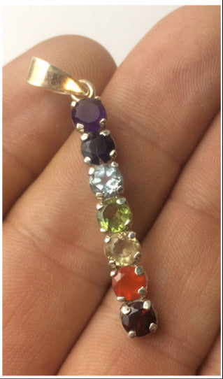 '7 chakras' pendant in 0.925 silver, gem-quality stones, set with 55 millimeters in height x 5 x 4 millimeters. Superb piece, perfect!