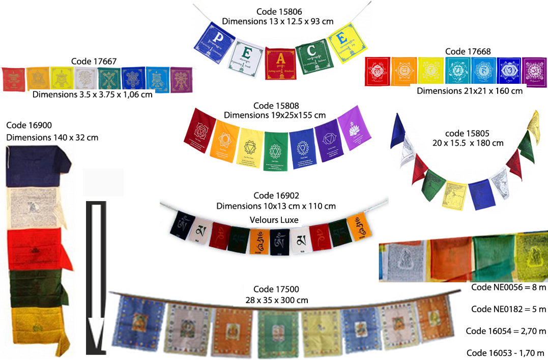 Sélection de drapeaux de prières Bouddhiste, de 0,93 à 8m de long. Très belle qualité, parfait pour les Rituels, effets assurés !