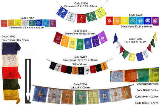 Sélection de drapeaux de prières Bouddhiste, de 0,93 à 8m de long. Très belle qualité, parfait pour les Rituels, effets assurés !
