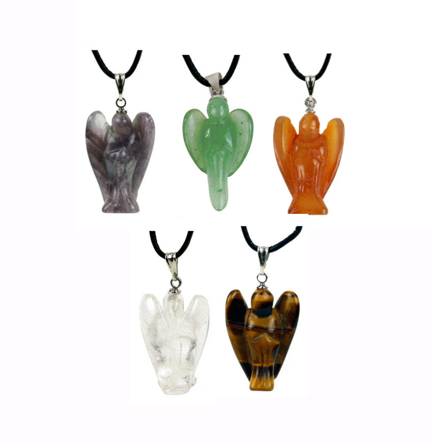 Natural stone angel pendant, 30 millimeters x 25 x 10 millimeters. Choose the stone that suits you: amethyst, aventurine, rock crystal, carnelian, or tiger's eye. Comes with a drawstring, ready to wear or give as a gift!