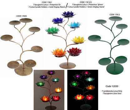 Metal stands measuring 32 centimeters in diameter and 42 centimeters in height. 2 colors to choose from, 'green' or 'gold', with or without 7 candlesticks/7 chakras. Very beautiful set, perfect!