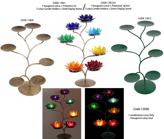 Metal stands measuring 32 centimeters in diameter and 42 centimeters in height. 2 colors to choose from, 'green' or 'gold', with or without 7 candlesticks/7 chakras. Very beautiful set, perfect!