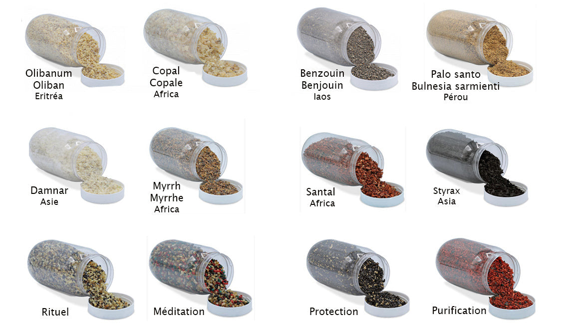 The 12 most commonly used 'grain' incense, 100% natural, to be burned on charcoal*, sold by weight according to instructions. All the main grain incense gathered in a few photos, perfect! Sold in 80g units or in full boxes of 200 to 500 grams!