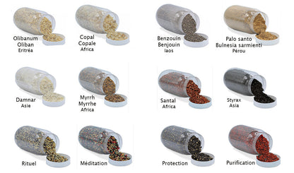 The 12 most commonly used 'grain' incense, 100% natural, to be burned on charcoal*, sold by weight according to instructions. All the main grain incense gathered in a few photos, perfect! Sold in 80g units or in full boxes of 200 to 500 grams!