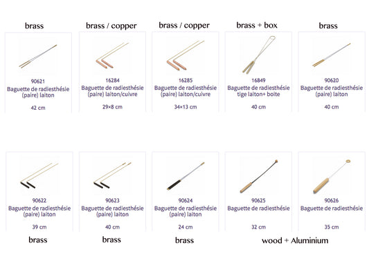 A selection of dowsing rods made of copper, brass, and wood. Length: 29 to 40 centimeters. Weight: 120 grams. High-quality, perfect for all uses! Comes with a user guide! 