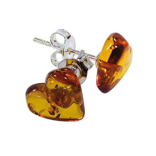 Amber heart-shaped studs/earrings, AA to AAA quality. Silver-tone brass finish, superb quality Baltic amber, perfect!