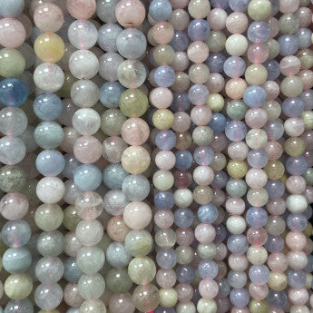 Béryl (Aigue Marine, Morganite, Emeraude), perles rondes de 6 ou 8 mm. Vendu en fil de perle 38/39 cm, en bracelet de 17 à 21cm, en collier de 45 ou sautoir de 60cm. Qualité AA à AAA, superbes perles, belle pureté, parfait !