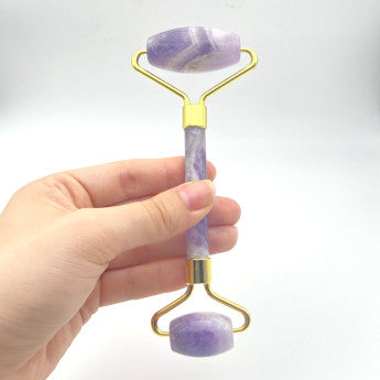 Selection of real stone massage rollers, 15cm long - 65 gr. - 11 stones to choose from: Amethyst, Aventurine, orange calcite, Carnelian, Crystal/quartz, Unakite Jasper, Jadeite, Lapis lazuli, Obsidian, Tiger's eye, Rose quartz...