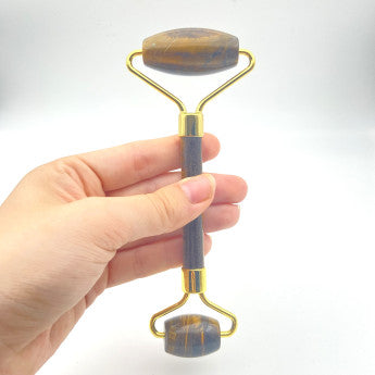 Selection of real stone massage rollers, 15cm long - 65 gr. - 11 stones to choose from: Amethyst, Aventurine, orange calcite, Carnelian, Crystal/quartz, Unakite Jasper, Jadeite, Lapis lazuli, Obsidian, Tiger's eye, Rose quartz...