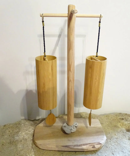 Gem &amp; Zen creation, wooden supports for Koshi, Zaphir or other style chimes, 45 centimeters high, base 20 x 20cm. Also suitable for Tibetan cymbal (Tingsha). 'Matte' or 'glossy' finish option, perfect!