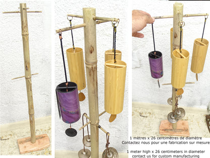 Gem &amp; Zen creation, 'double row' wooden stands, for Koshi, Zaphir or other style chimes, 45 or 95 centimeters high, base 20 x 20cm. Also suitable for Tibetan cymbal (Tingsha). 'Matte' or 'glossy' finish option, perfect!